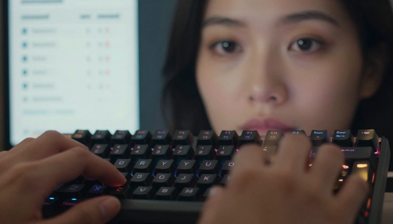 Woman's hands typing on a keyboard with LLM comparison interface visible on screen