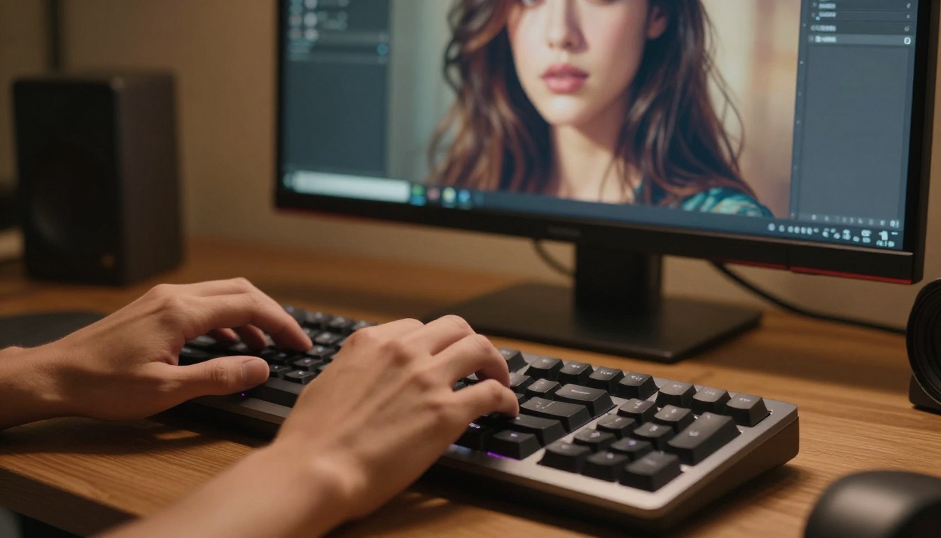 AI art generation workspace showing hands at keyboard with a photorealistic portrait on screen