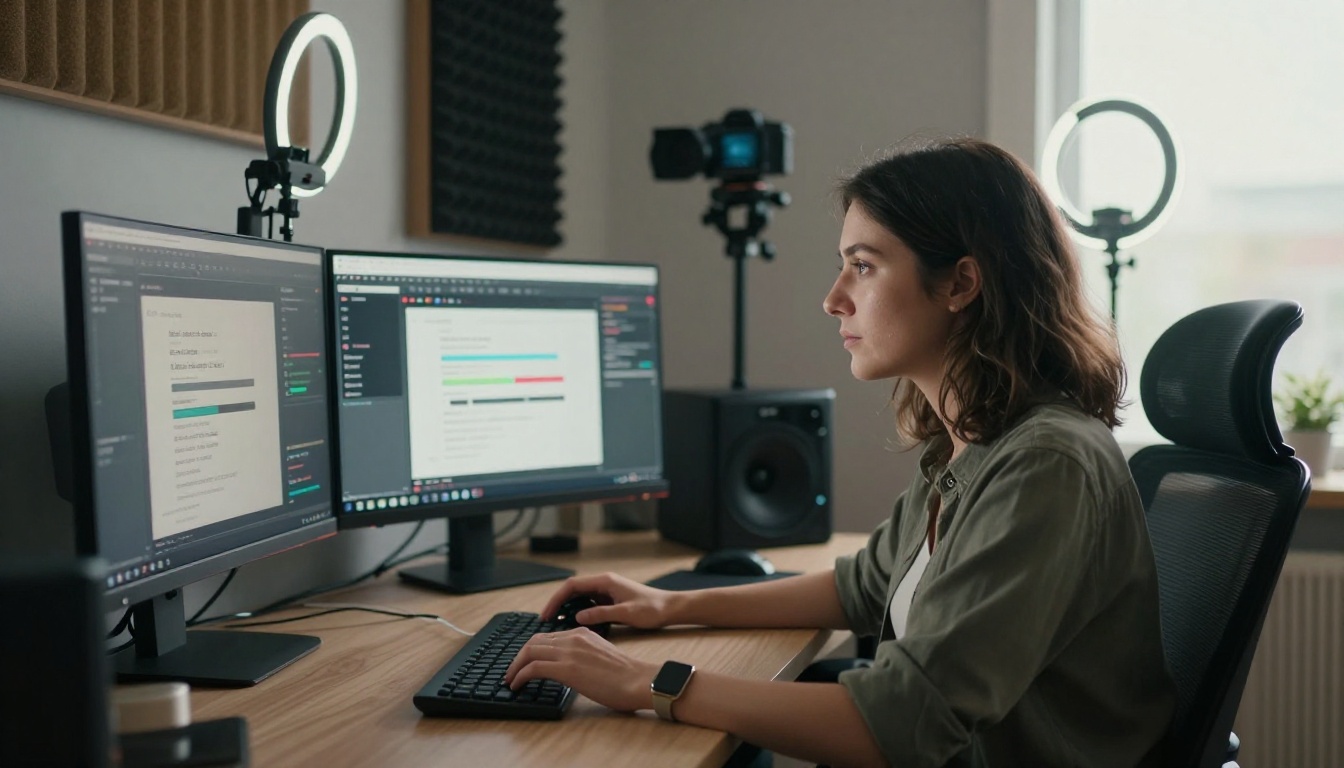 AI content creator working at a professional home studio with multiple monitors showing AI generation interfaces