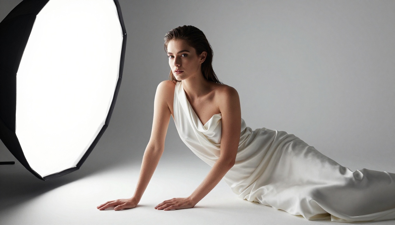 Stunning woman in a minimalist white photography studio with dramatic Rembrandt side lighting