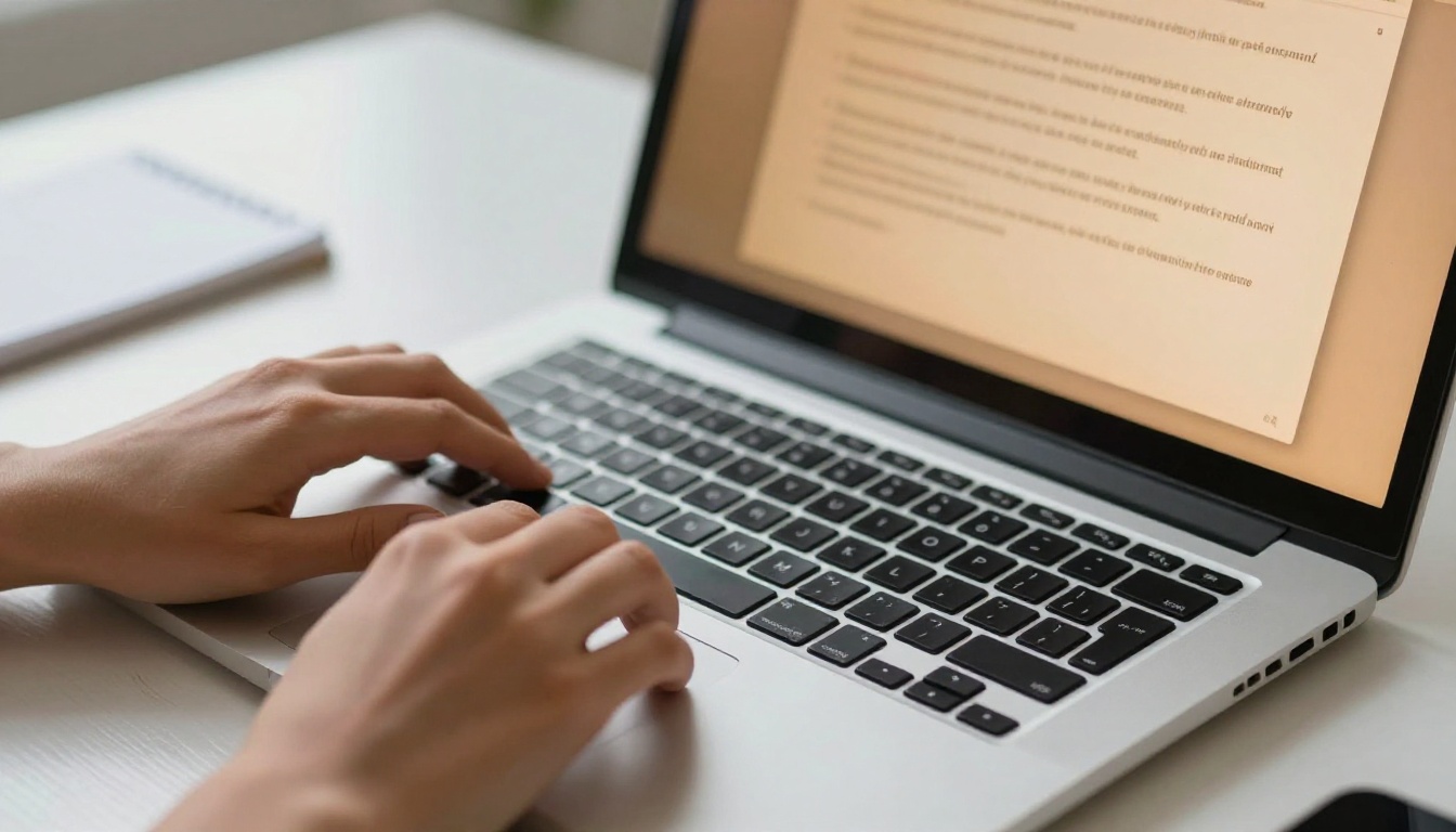 Woman typing a detailed creative prompt on a laptop keyboard for an AI video generation interface