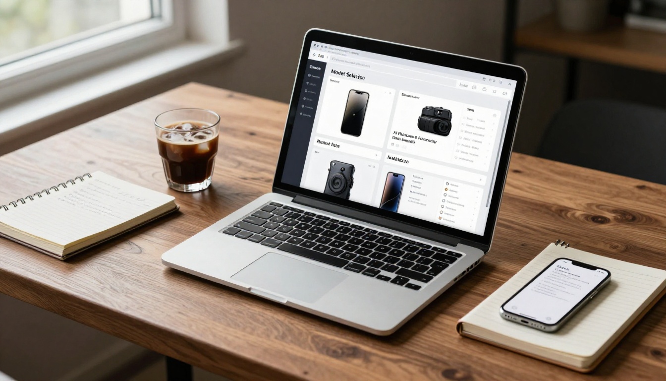 An open laptop displaying an AI model selection screen surrounded by coffee and notebooks