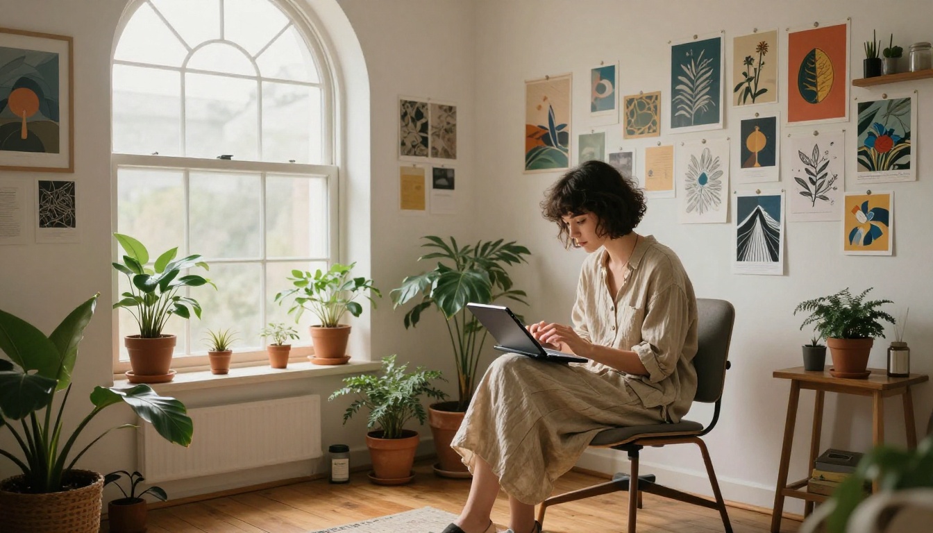 Creative woman with dark hair working on a tablet in a bohemian studio apartment with morning light