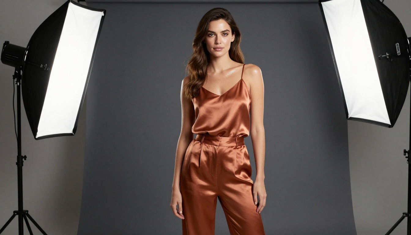 A confident woman in a copper silk camisole in a professional photography studio