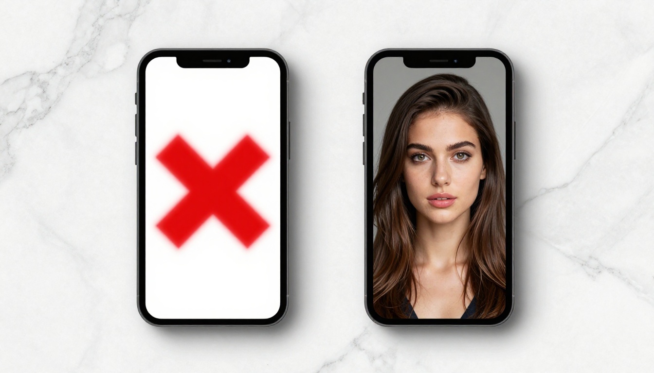 Two smartphones side by side showing a censored blurred image versus a crisp photorealistic AI portrait