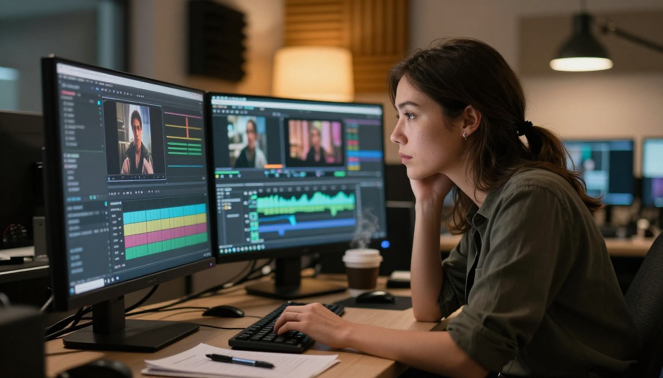 Professional video editor reviewing AI-generated footage in a modern post-production suite with reference monitors