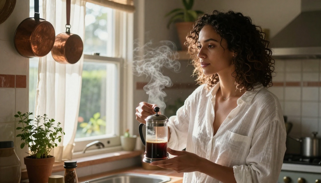 A woman with honey-brown skin and loose natural curls wearing an open white linen shirt, pouring coffee in a sun-drenched farmhouse kitchen, morning light streaming through sheer curtains and illuminating floating dust particles