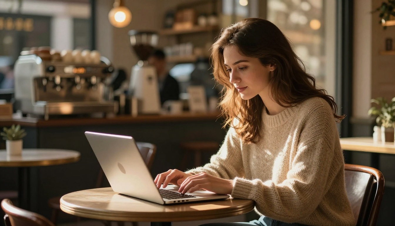 Attractive woman browsing AI-generated art on a laptop at a cozy cafe with warm afternoon window light