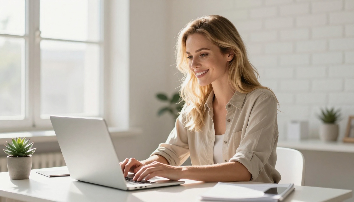 Confident smiling woman at a clean minimalist home office desk looking at a laptop screen in warm morning light