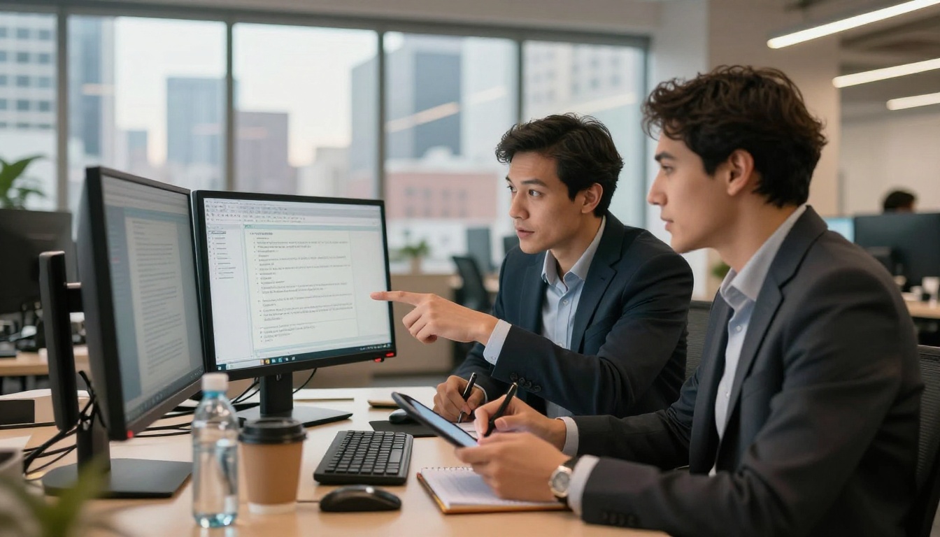 Two creative professionals reviewing AI-generated content at a dual-monitor workstation in a modern office with city views