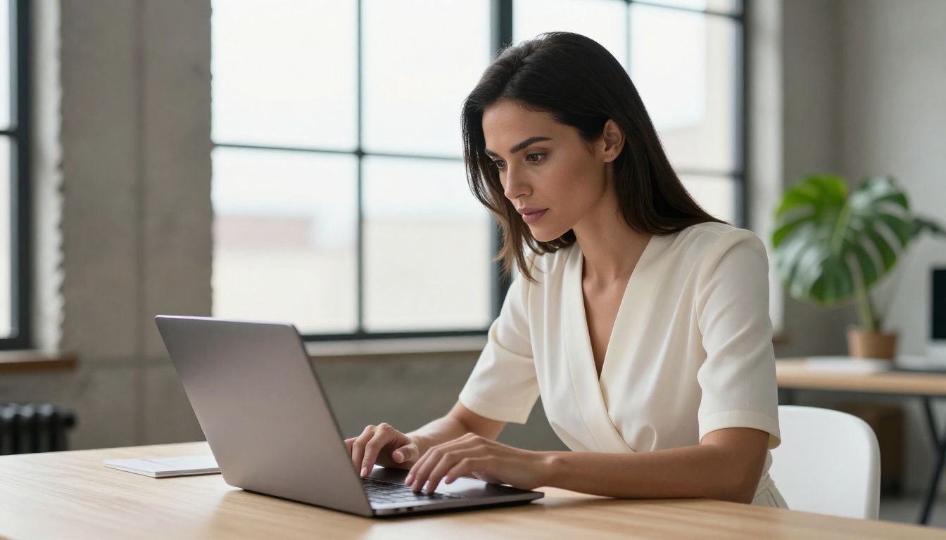 A woman with elegant bone structure and straight dark brown hair in a fitted ivory wrap dress, seated at a wooden desk with a glowing laptop in a modern concrete-walled home office, diffused light from large industrial windows