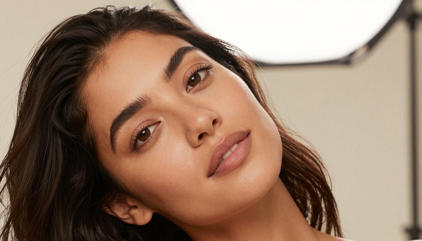 Close-up beauty portrait of a woman with deep brown eyes and olive skin in warm Rembrandt studio lighting