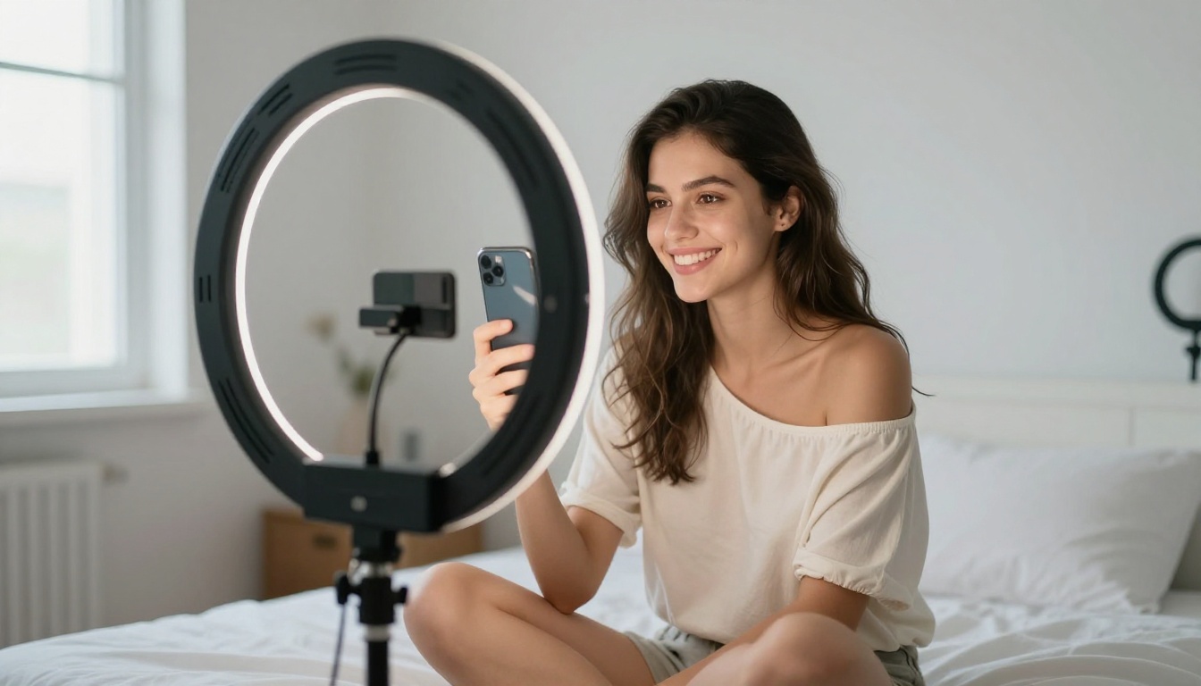 Young woman creating content with a smartphone and ring light in a minimalist white home studio setup