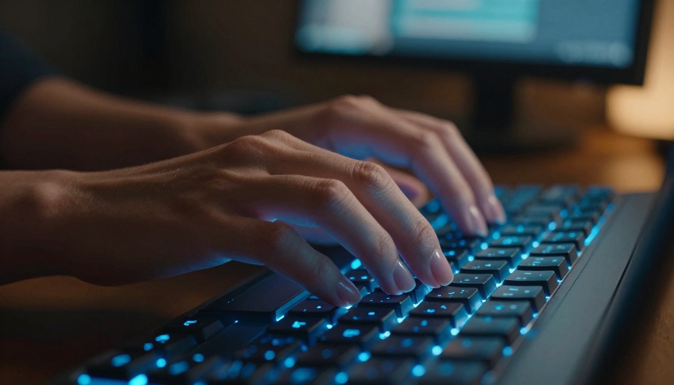 Hands typing on glowing keyboard in dark room