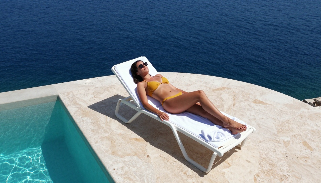 Aerial view of woman sunbathing at infinity pool