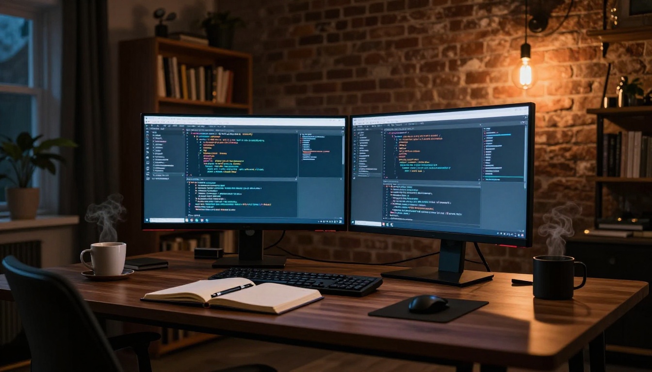 Modern home office with dual monitors at night