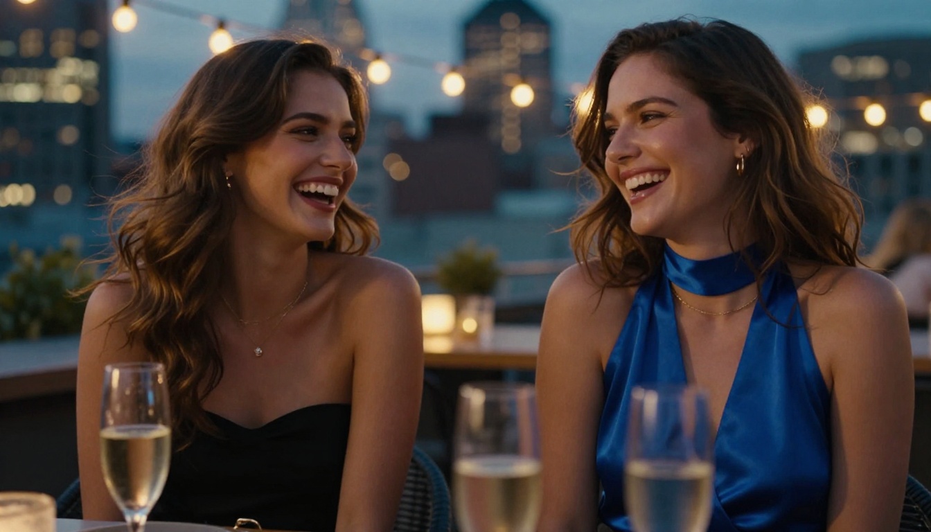 Two women laughing at rooftop bar at dusk