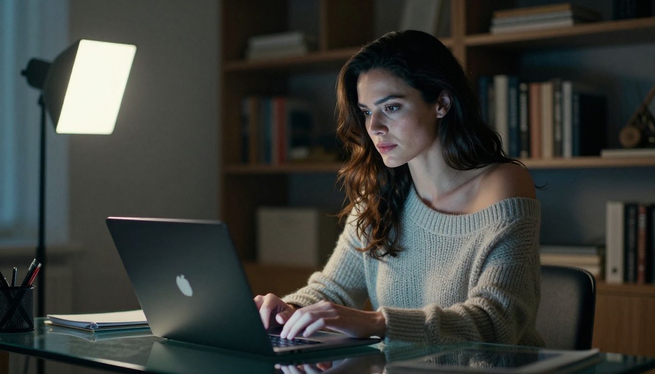 A woman using a laptop to access AI image generation tools, the screen casting soft light in a contemporary home office setting A woman using a laptop to access AI image generation tools, the screen casting soft light in a contemporary home office setting