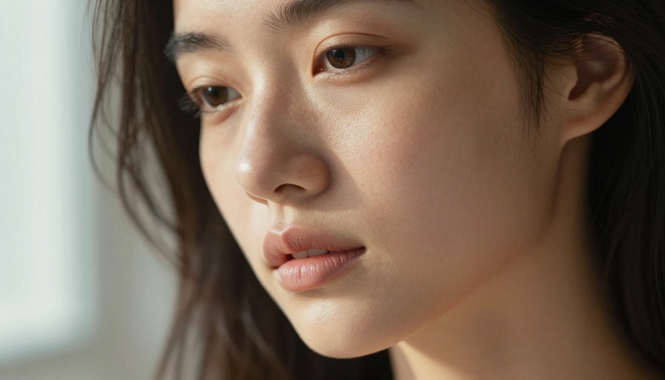 Extreme close-up editorial portrait of a beautiful woman with natural skin texture and soft morning window light Extreme close-up editorial portrait of a beautiful woman with natural skin texture and soft morning window light