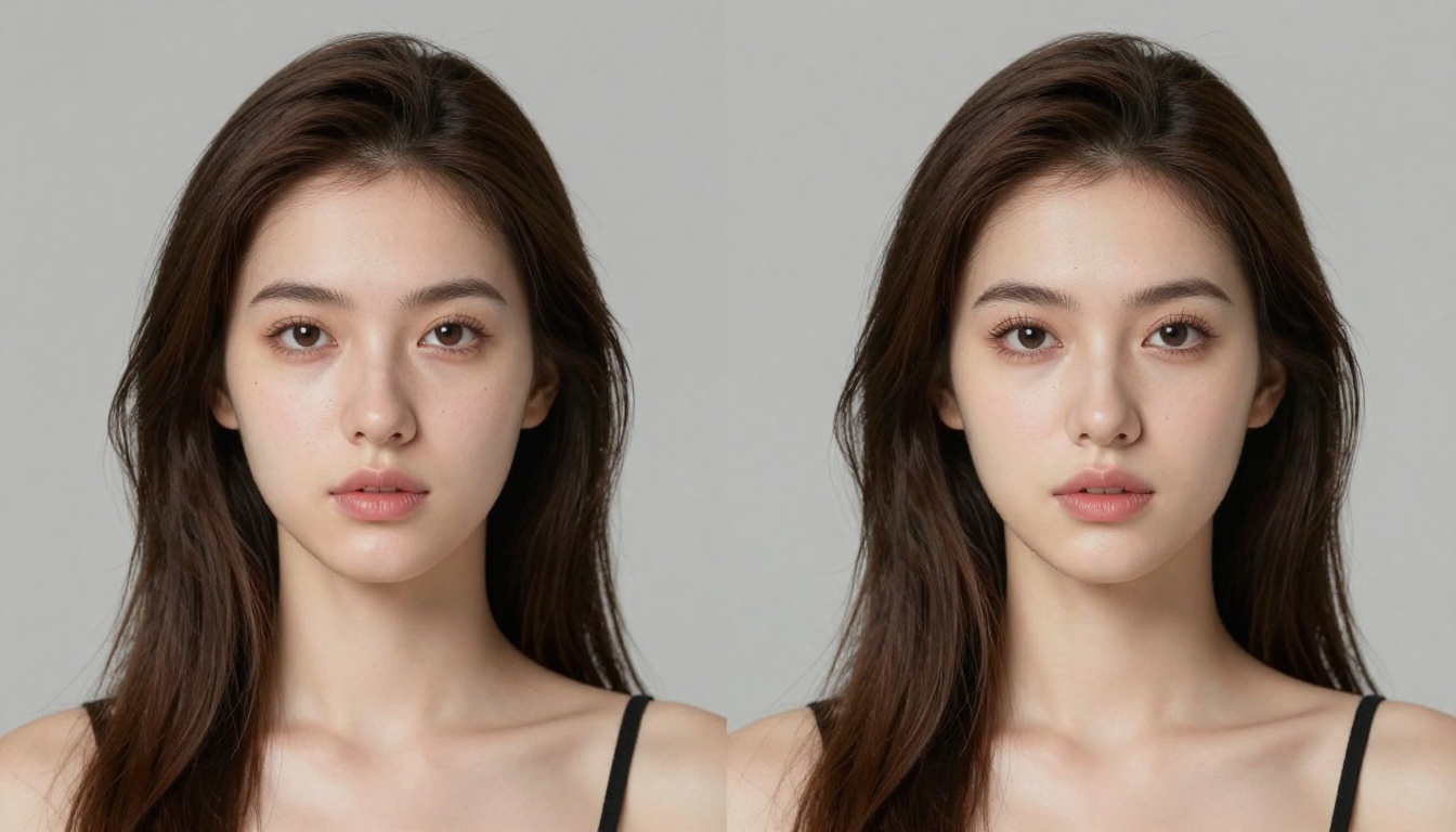 Before and after comparison showing the dramatic detail improvement from AI super-resolution upscaling on realistic portraits
