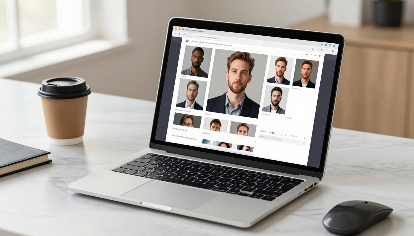 Modern laptop on a light marble desk displaying an AI image generation interface with a portrait thumbnail grid and prompt bar
