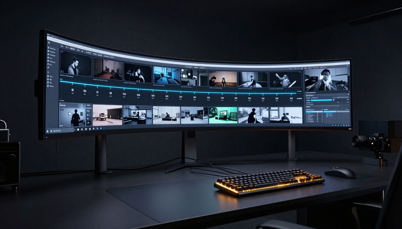 AI video generation interface in a dark premium tech workspace, ultrawide monitor, amber keyboard glow AI video generation interface in a dark premium tech workspace, ultrawide monitor, amber keyboard glow