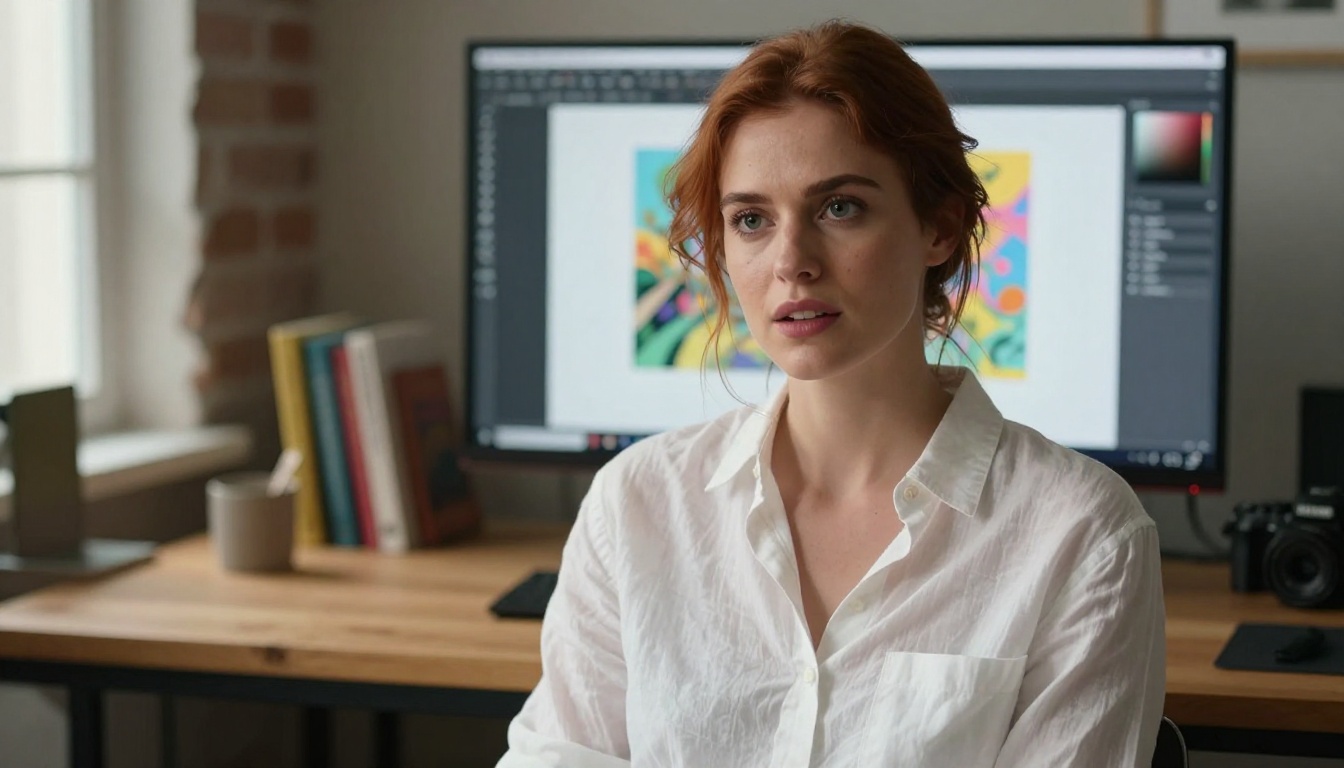 Woman working confidently on creative projects at her studio monitor