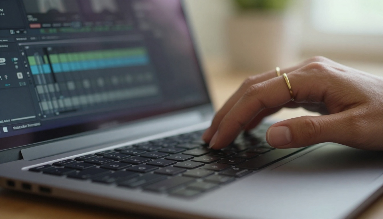 Close-up of feminine hands typing on matte black laptop keyboard, video editing timeline blurred on screen behind Close-up of feminine hands typing on matte black laptop keyboard, video editing timeline blurred on screen behind