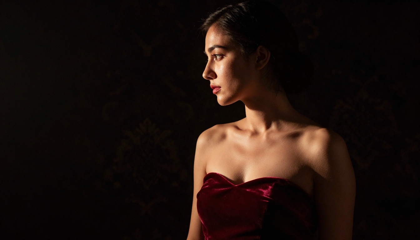 Dramatic low-key side profile of woman in strapless red velvet dress, single narrow spotlight from above, deep black background
