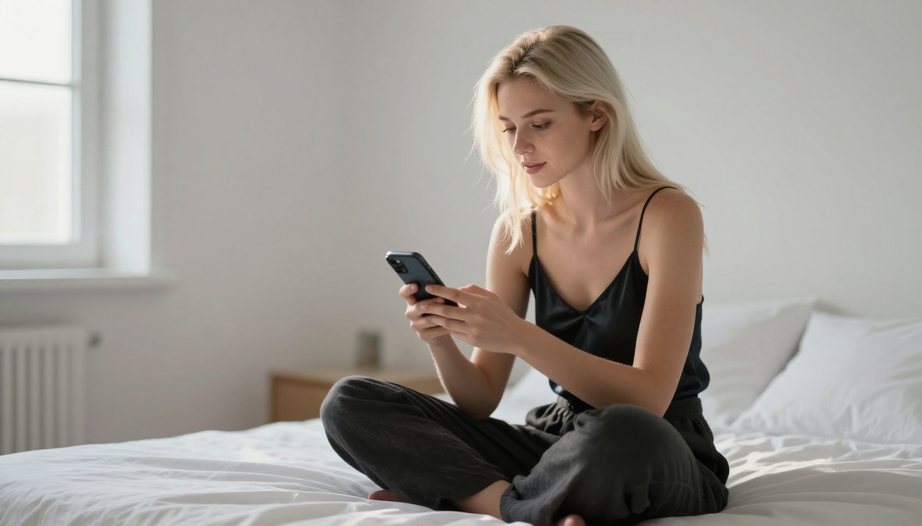 Beautiful woman discovering AI tools on her smartphone in a minimalist room
