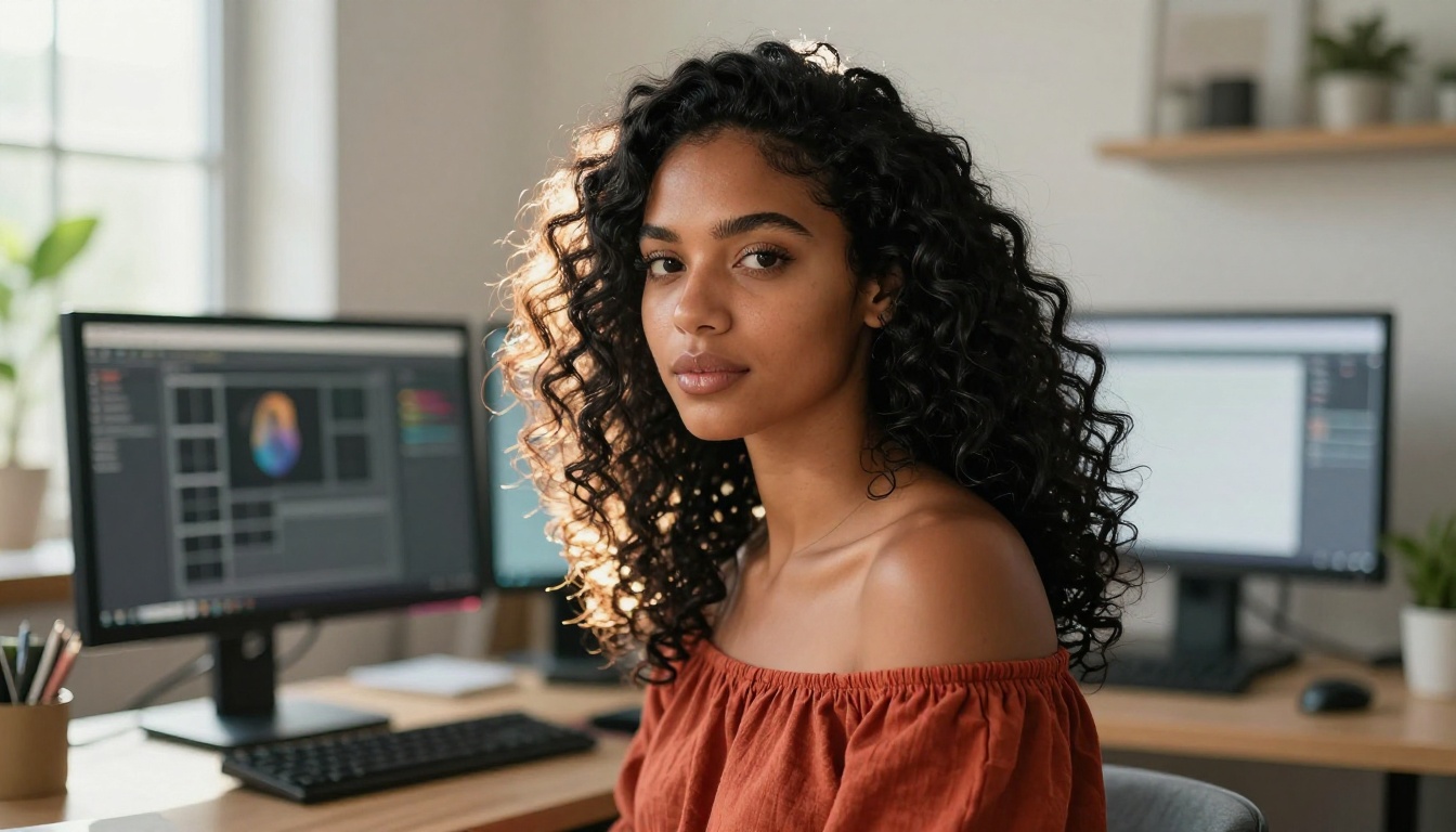 Confident woman at her workstation with natural creative energy