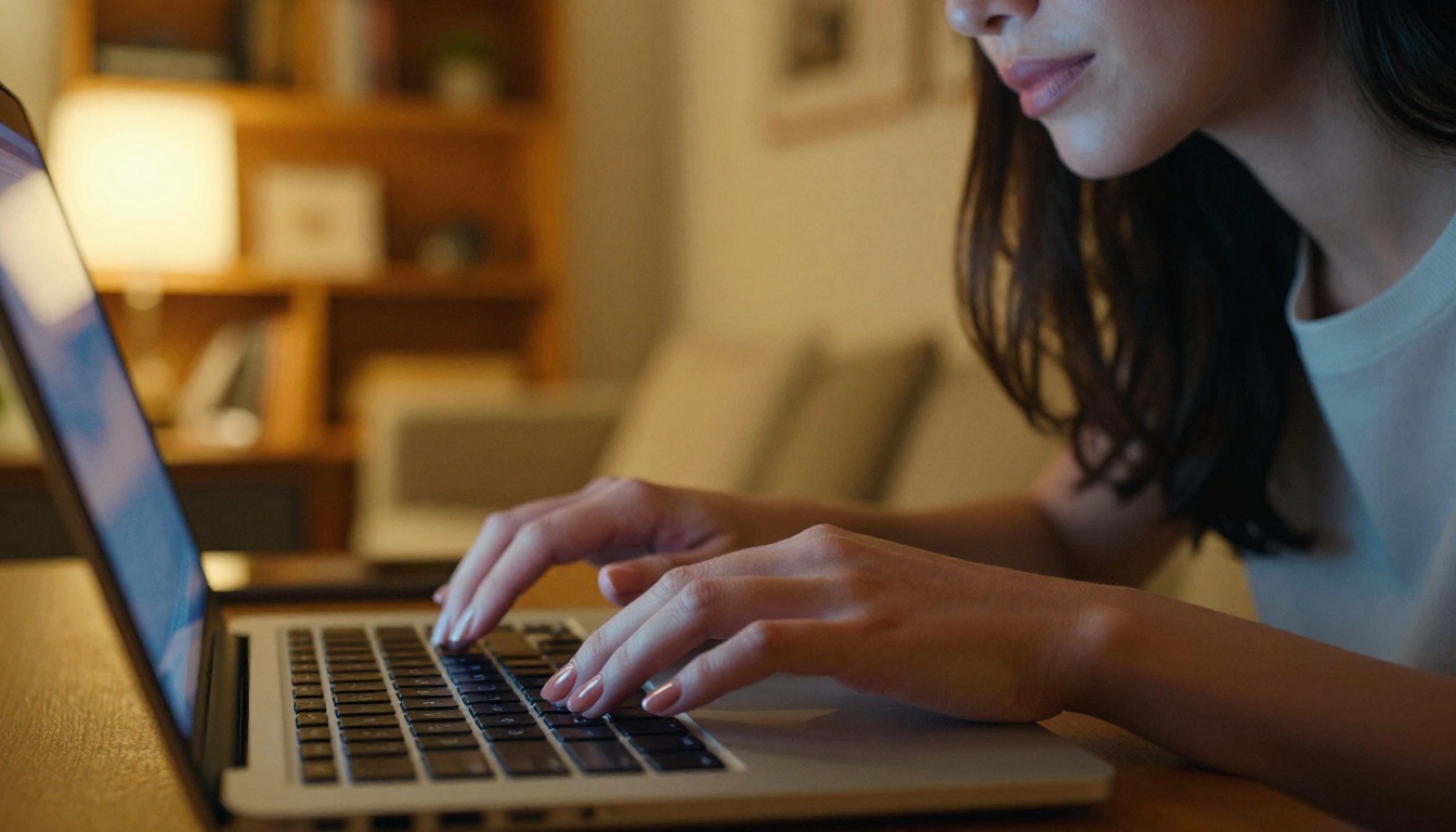 Hands typing on laptop in warm evening ambient light