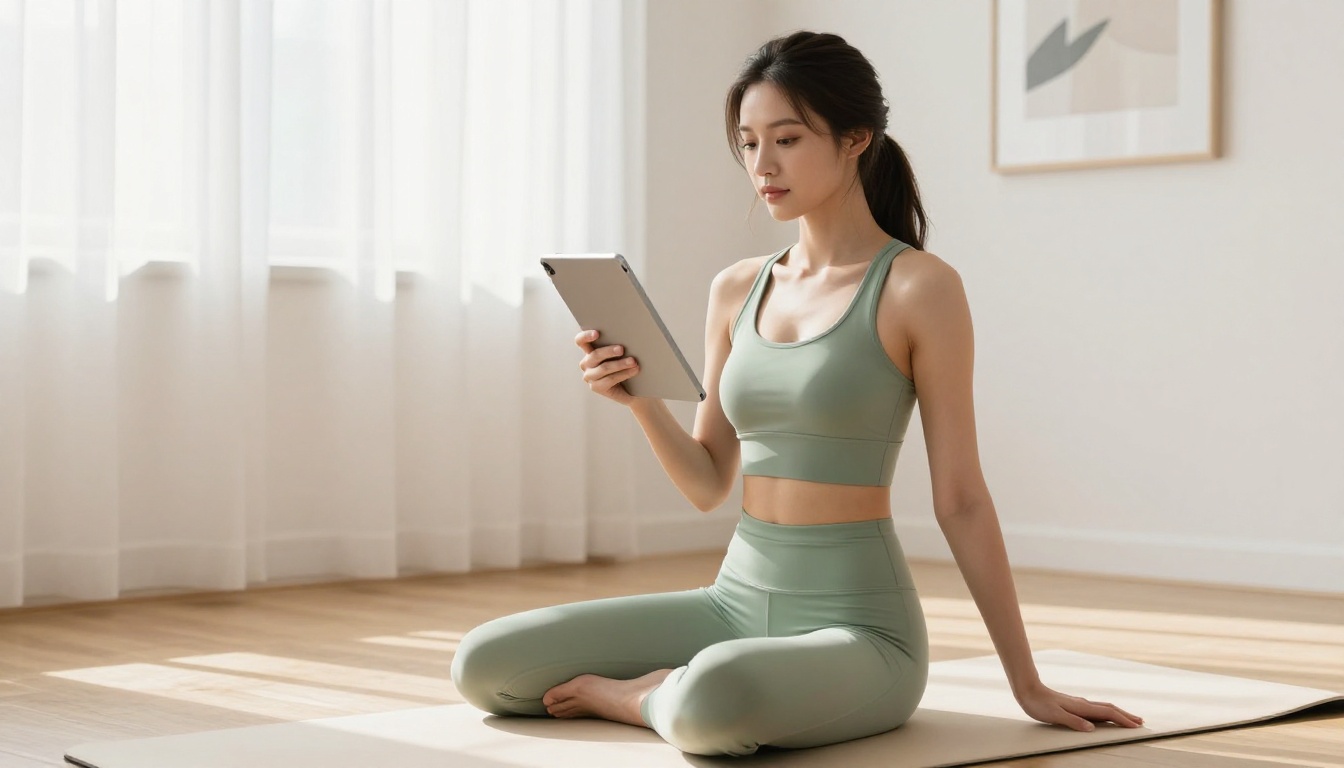 Woman with tablet in a bright morning-lit minimalist apartment