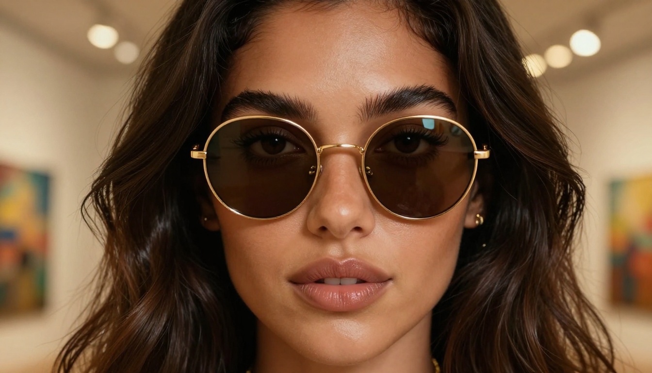 Stunning close-up of a woman with gold sunglasses reflecting warm gallery light