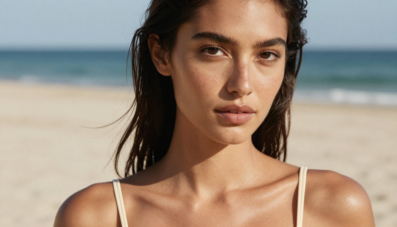 Close-up beauty portrait, olive skin, cream bikini, soft bokeh beach background