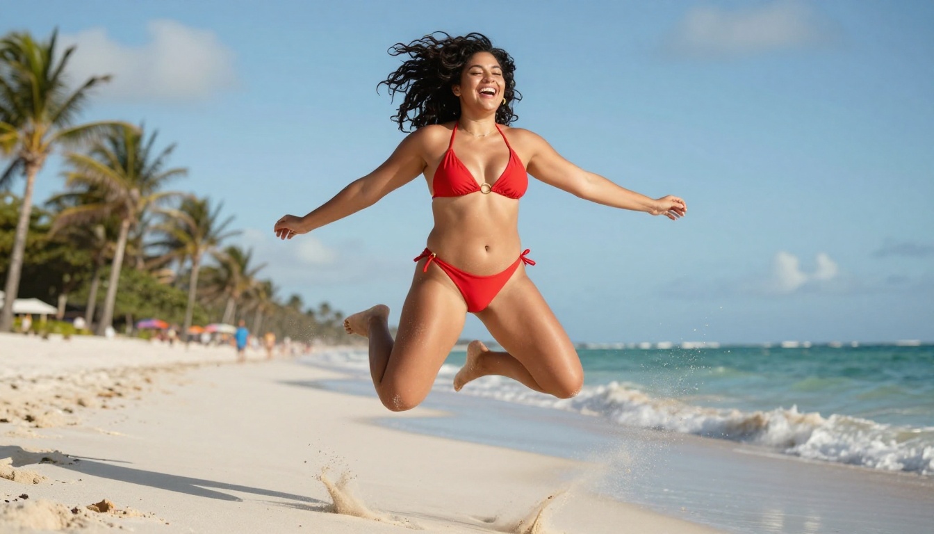 Latina woman jumping on white sand beach, red bikini, mid-air motion, vivid colors