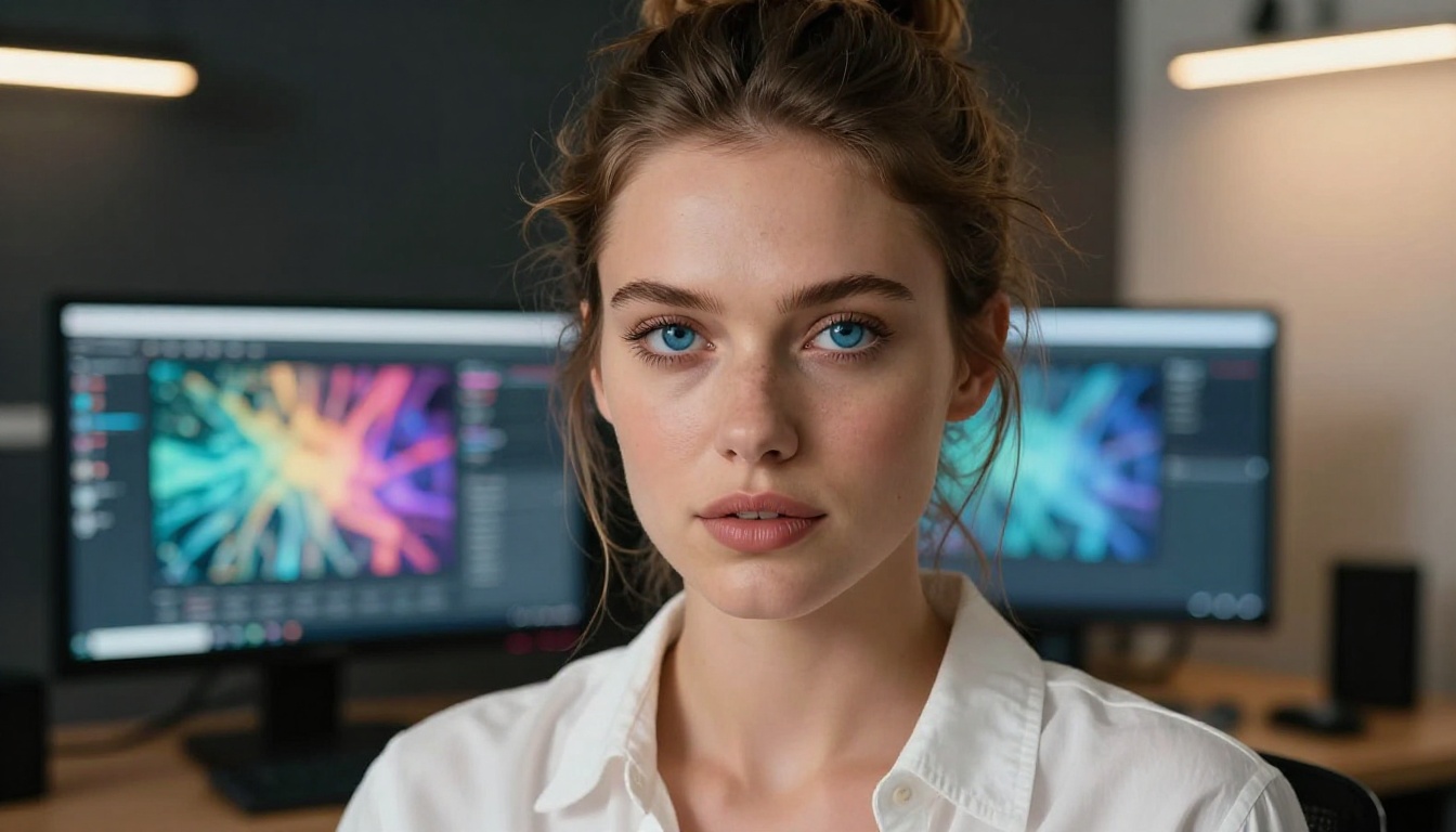 Woman working at a modern AI-powered computer setup Woman working at a modern AI-powered computer setup
