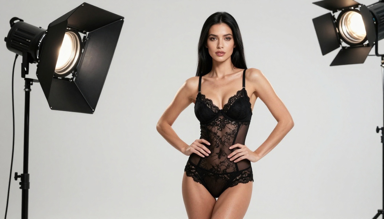 Elegant woman in black lingerie in a professional photography studio Elegant woman in black lingerie in a professional photography studio