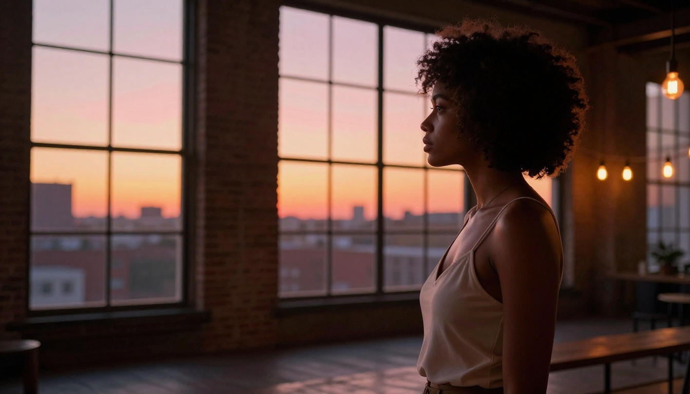 Curvaceous woman silhouetted at a loft window at sunset Curvaceous woman silhouetted at a loft window at sunset