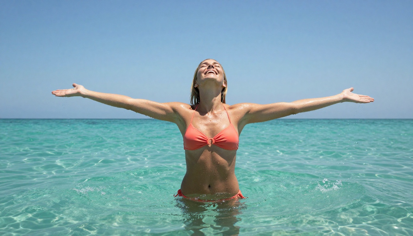 Woman with Nordic features in turquoise ocean