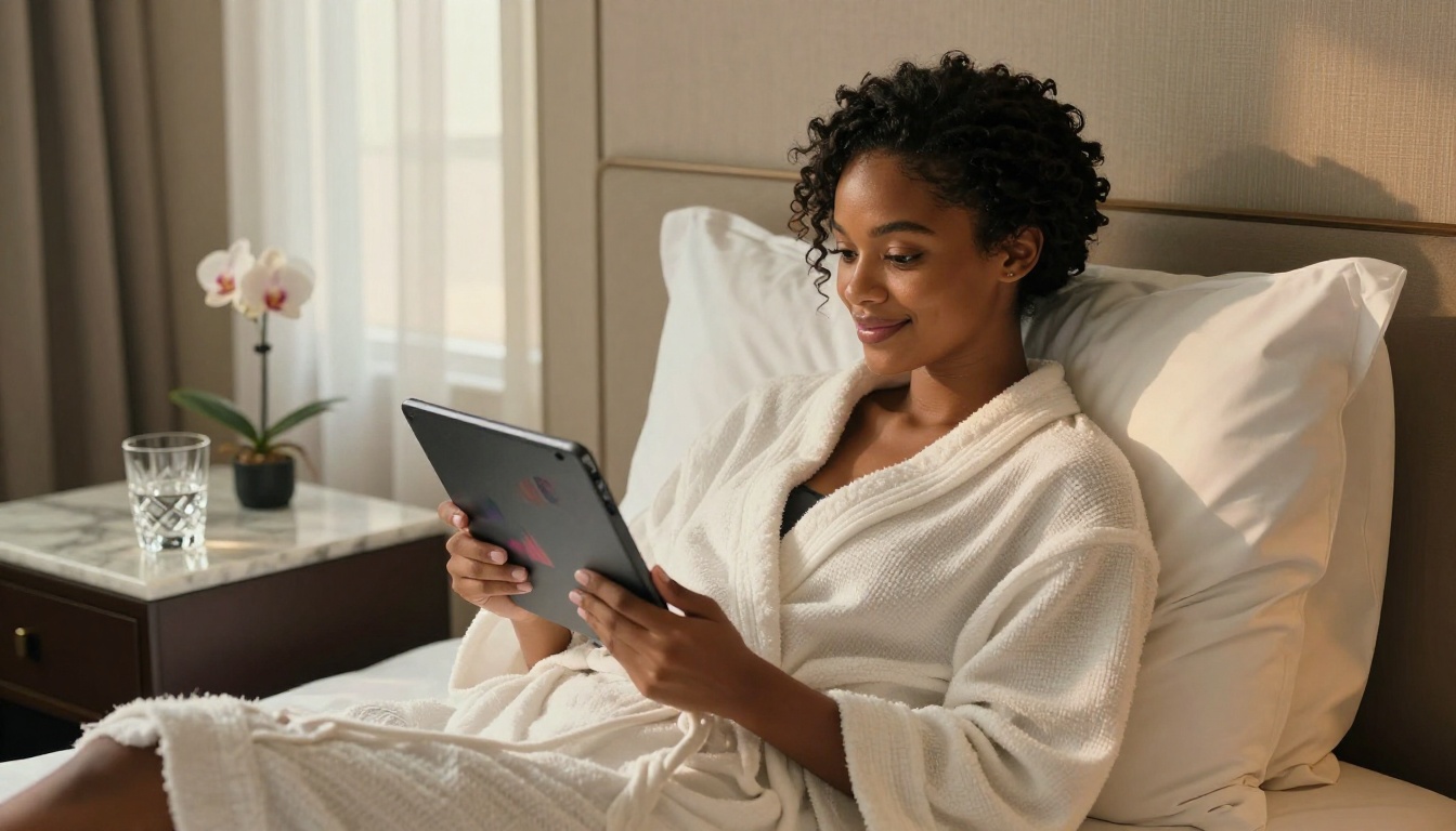 Sophisticated woman in a hotel robe browsing AI-generated imagery on a tablet Sophisticated woman in a hotel robe browsing AI-generated imagery on a tablet