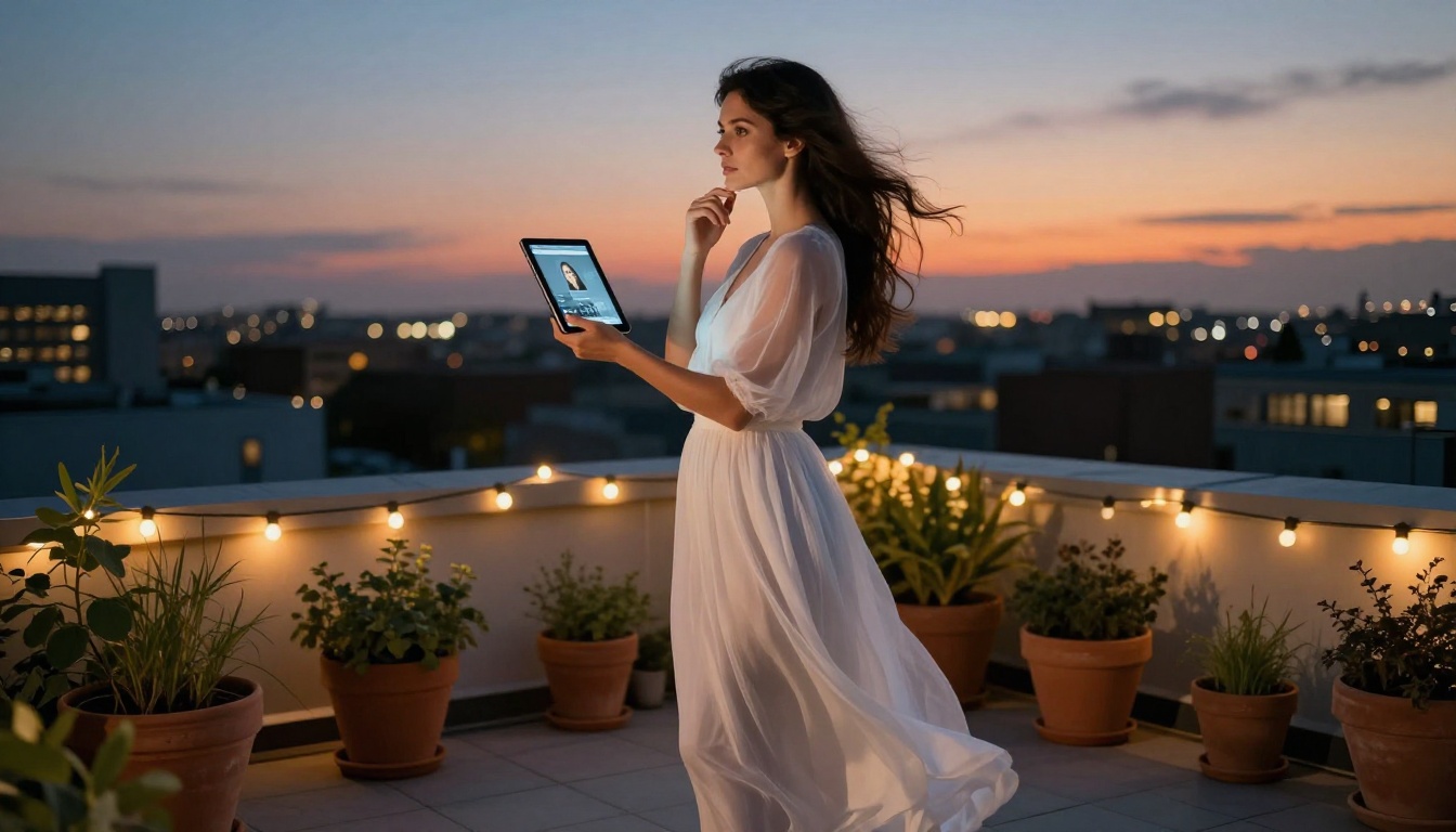 Woman on rooftop terrace at dusk with tablet Woman on rooftop terrace at dusk with tablet