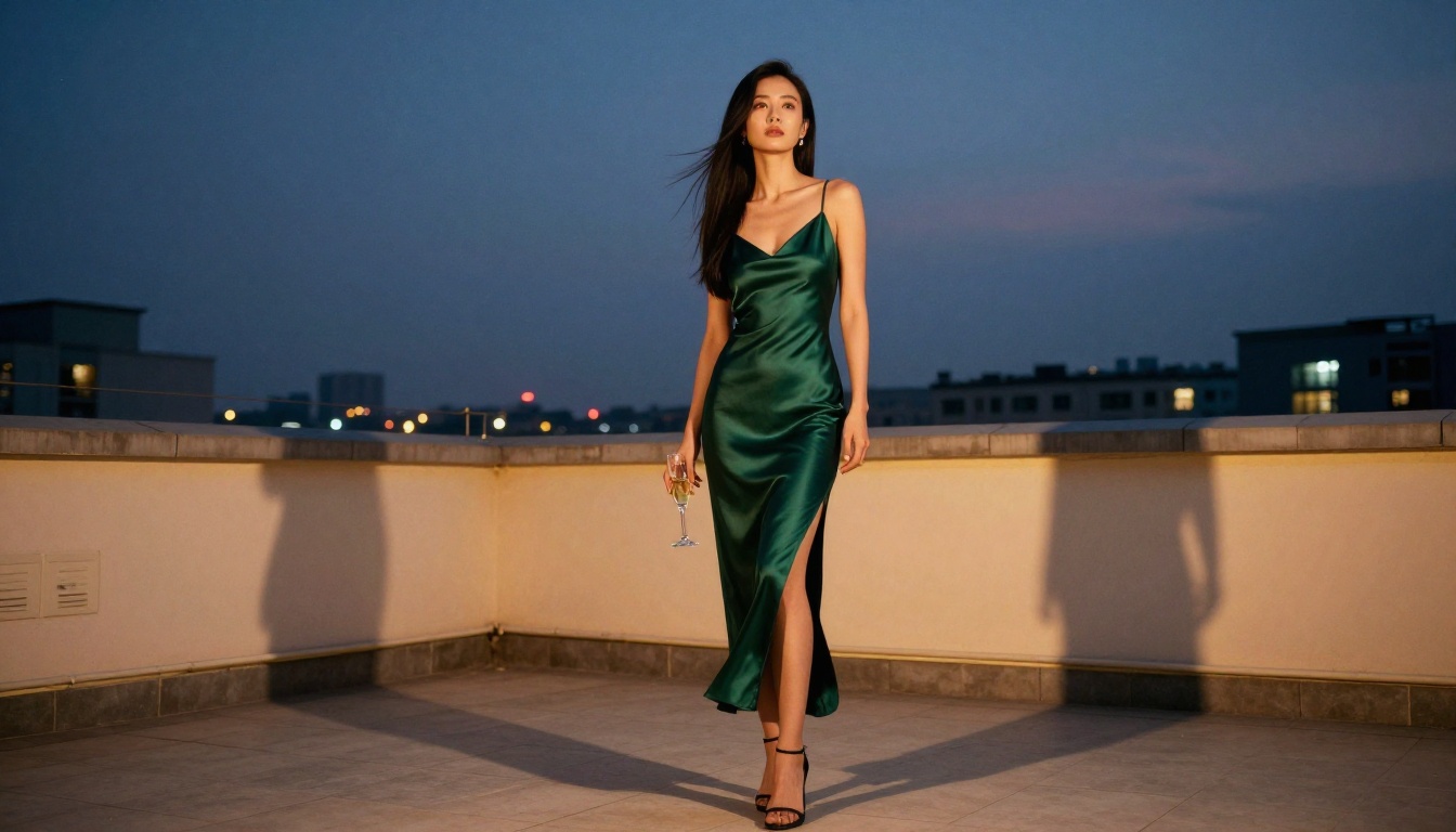 Woman on rooftop terrace at dusk with city lights below