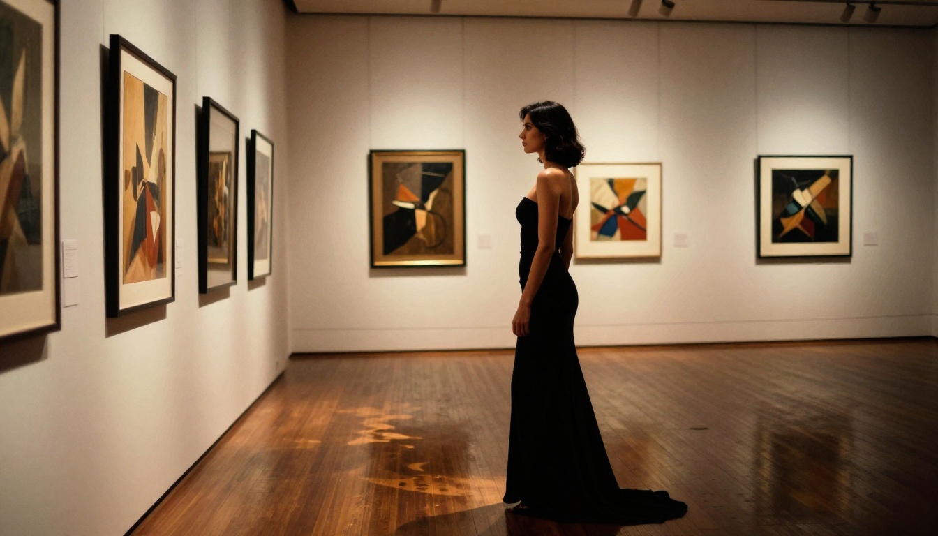 Sophisticated woman in elegant gown at art gallery