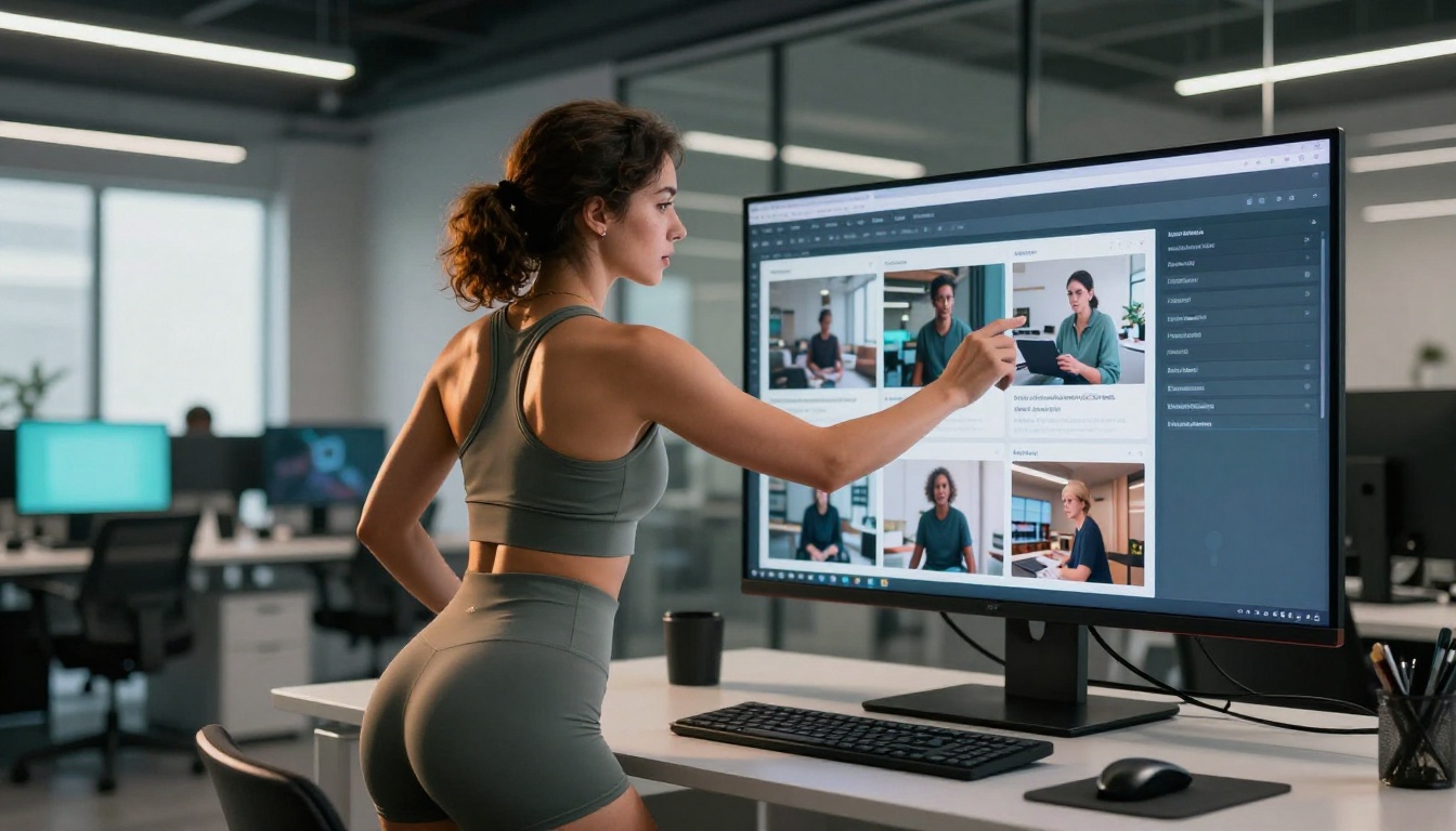 Woman in athletic wear browsing AI video models on large touchscreen