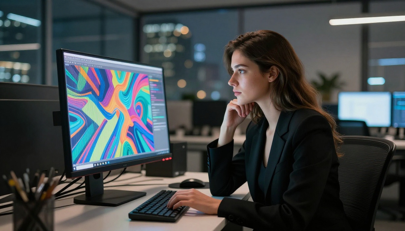 Woman at AI workspace studying colorful content on a large monitor