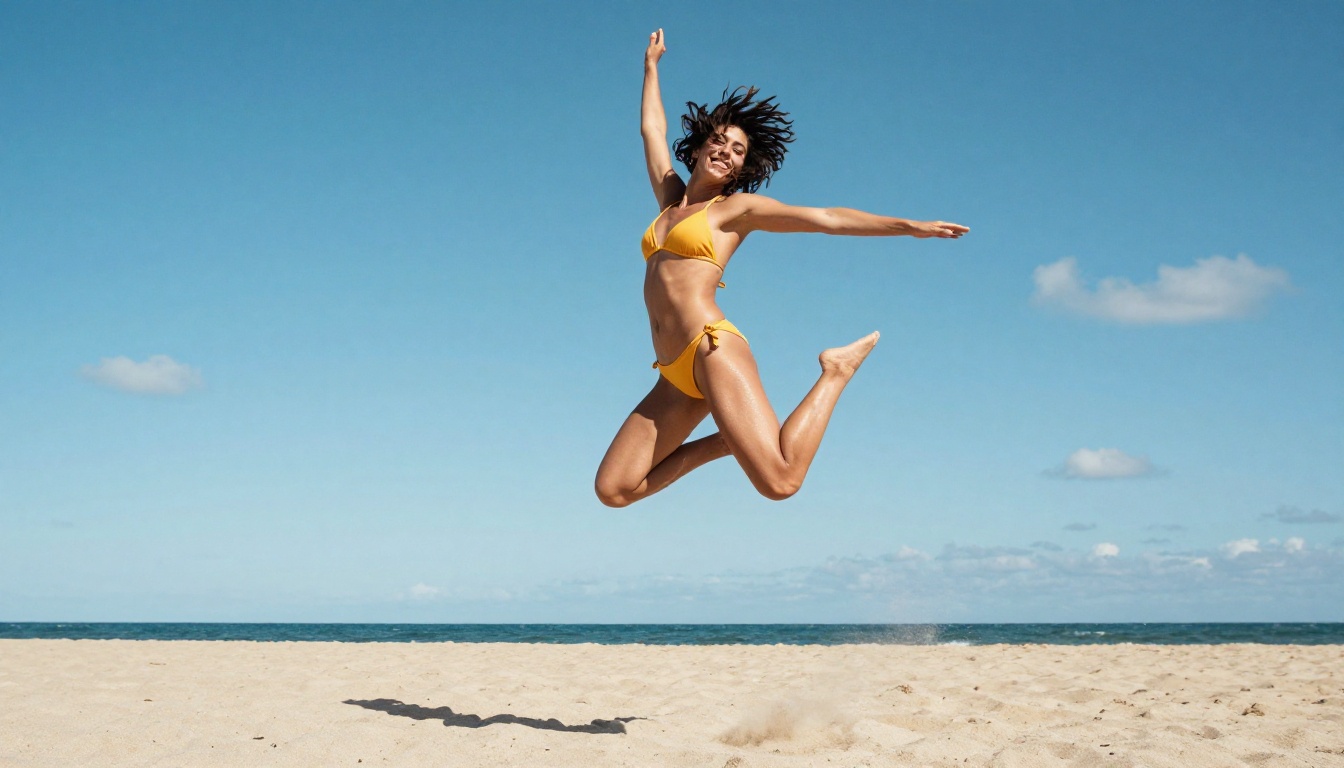 Joyful woman in mustard bikini jumping on a beach against blue sky