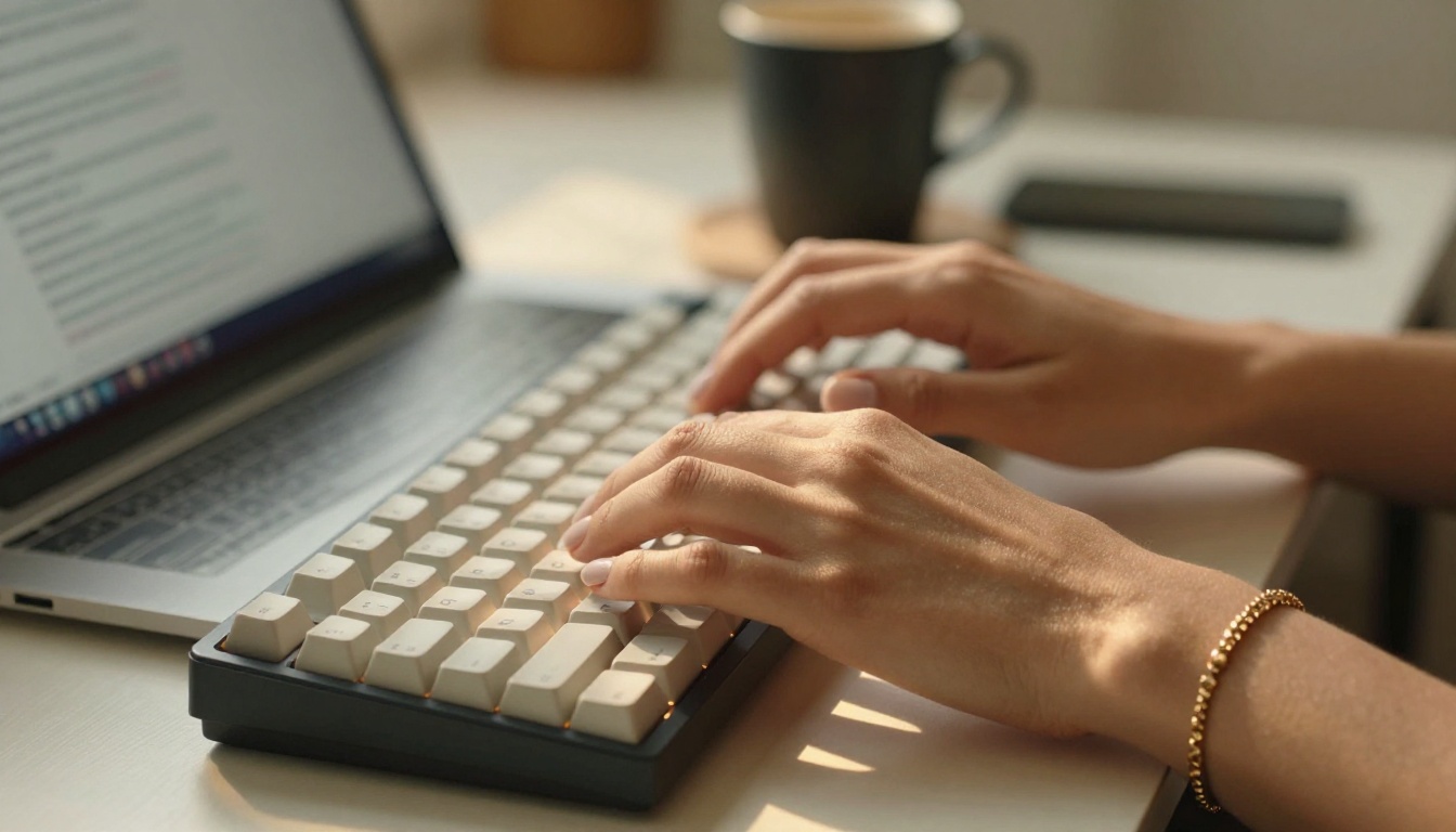 Close-up of woman's elegant hands typing on a backlit mechanical keyboard