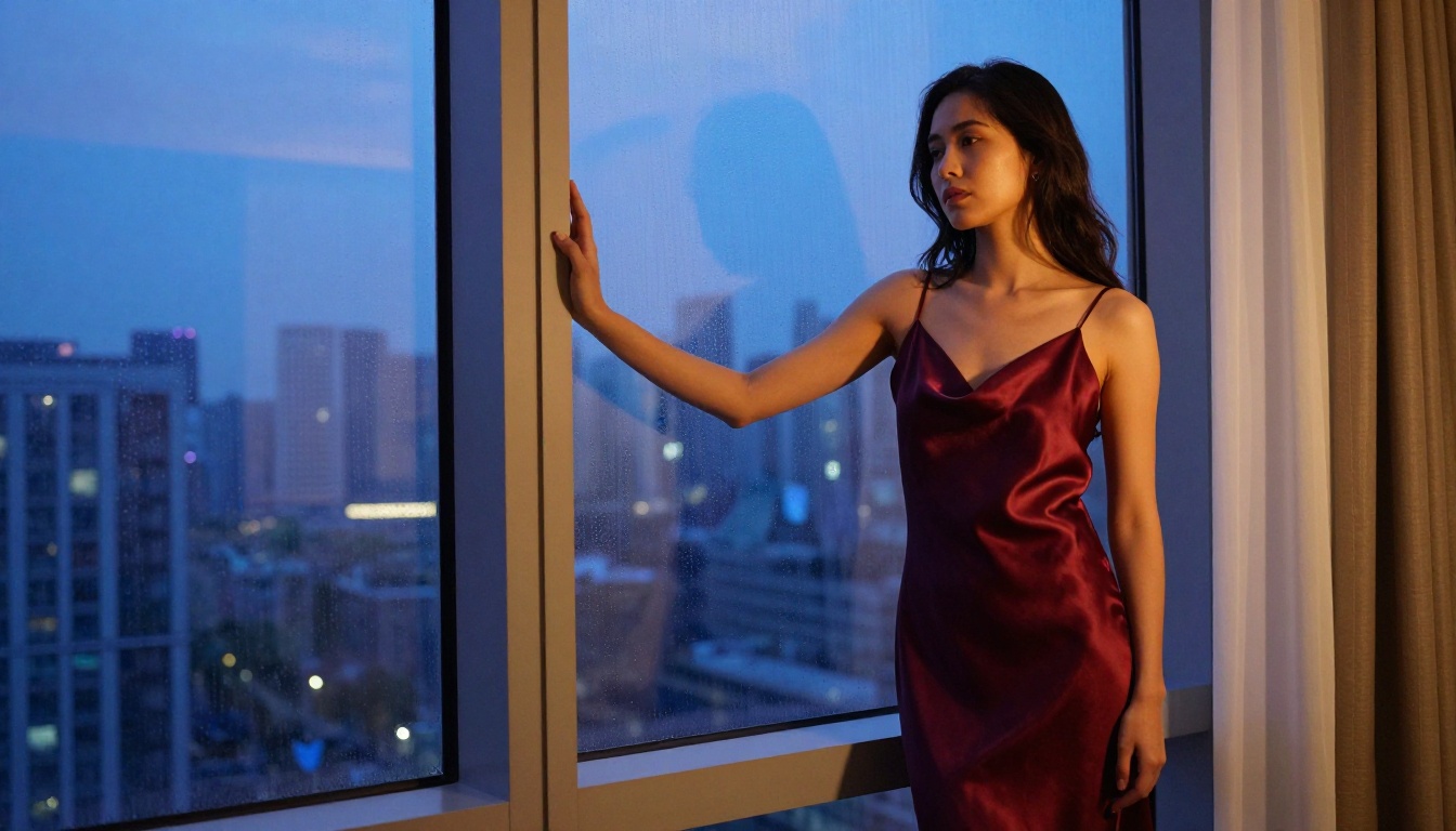 Confident woman in silk slip dress standing at apartment window with city lights at dusk
