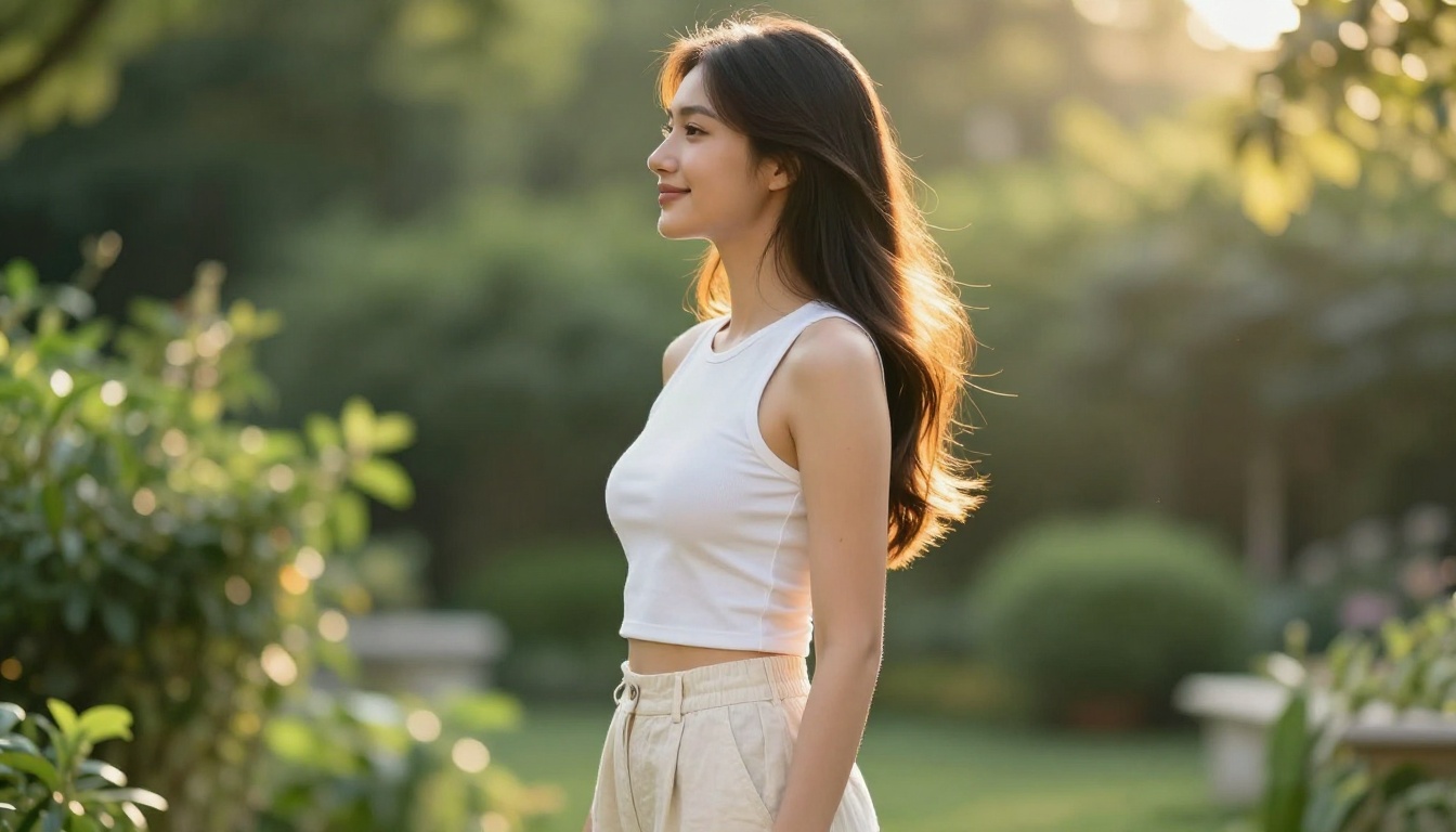 Side-profile portrait of woman with long hair in sunlit garden against lush bokeh background